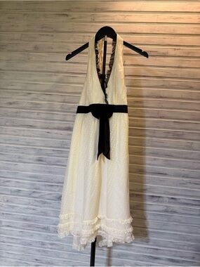 Laundry By Shelli Segal Ivory Halter Midi Dress with Black Waist Tie